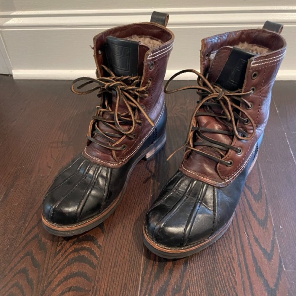 Frye Veronica Brown Black Duck Boots Leather Shearling Mid Calf Women 8